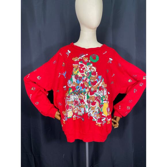 Vintage, Ugly Christmas Sweatshirt, Red NutCracker, Bears a Christmas Tree, - Picture 1 of 10